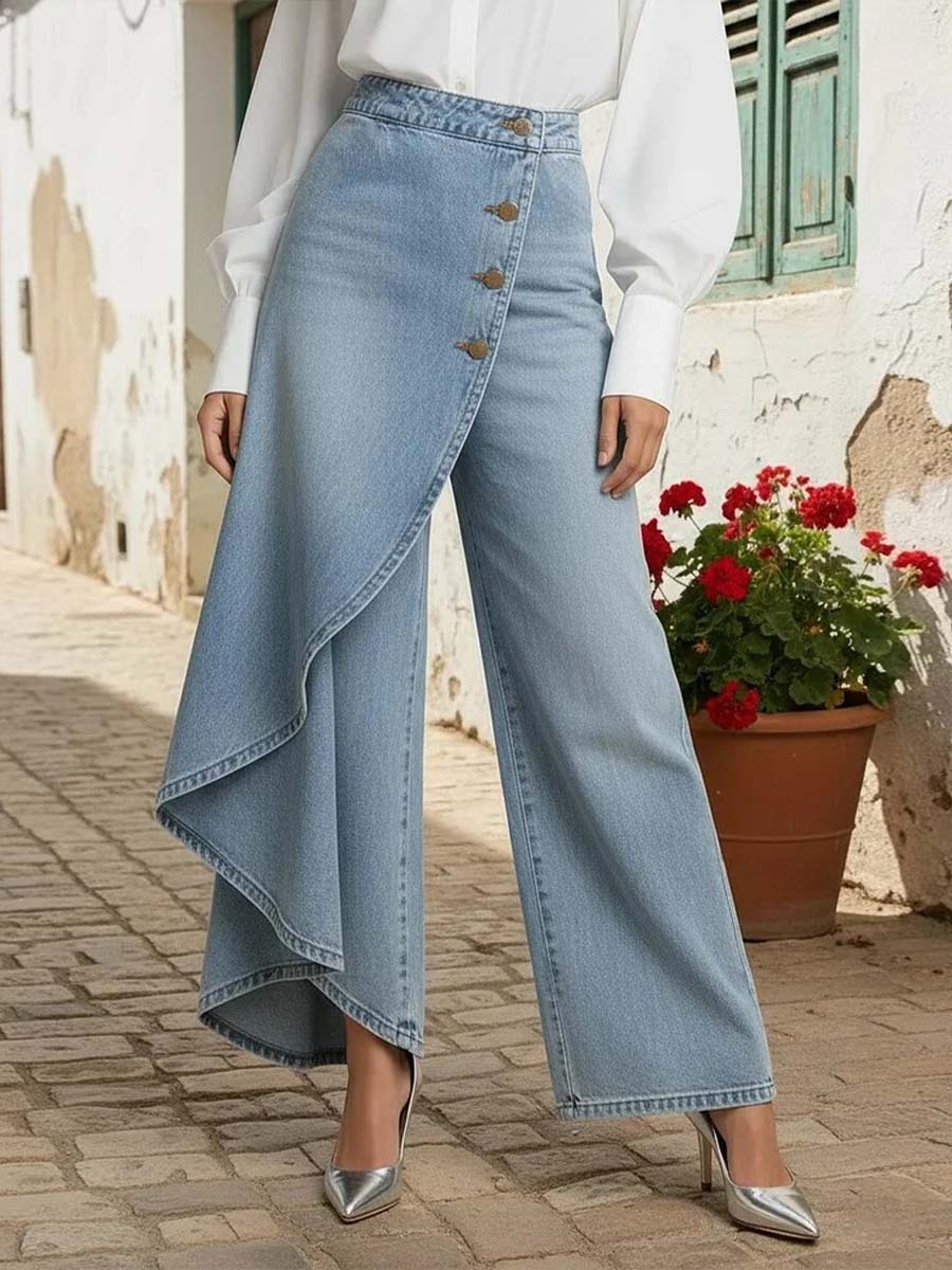 Women's Denim Wide Leg Ruffle Skirt Overlay Jeans High Waisted Trousers