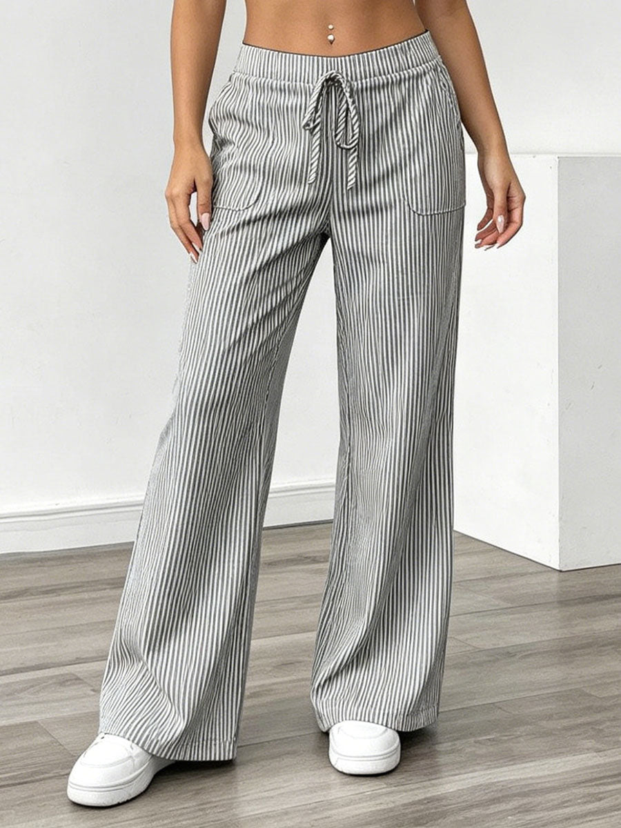 Women's Linen Wide Leg Striped Trousers