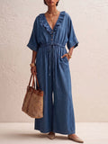 Combinaison large en denim pour femme, col en V, ample et confortable