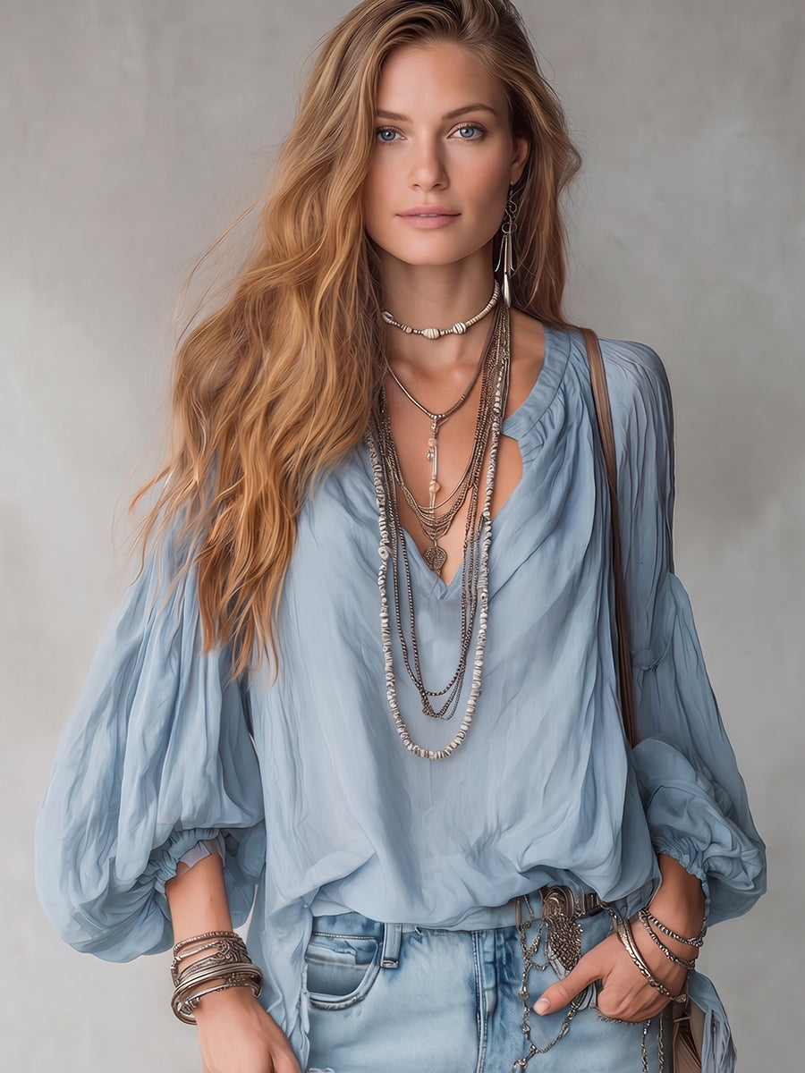 Women's Loose Fit Retro Linen Lantern Sleeve Blouse