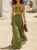 Women's Halter Neck Sleeveless Contrast Trim Boho Linen Maxi Dress