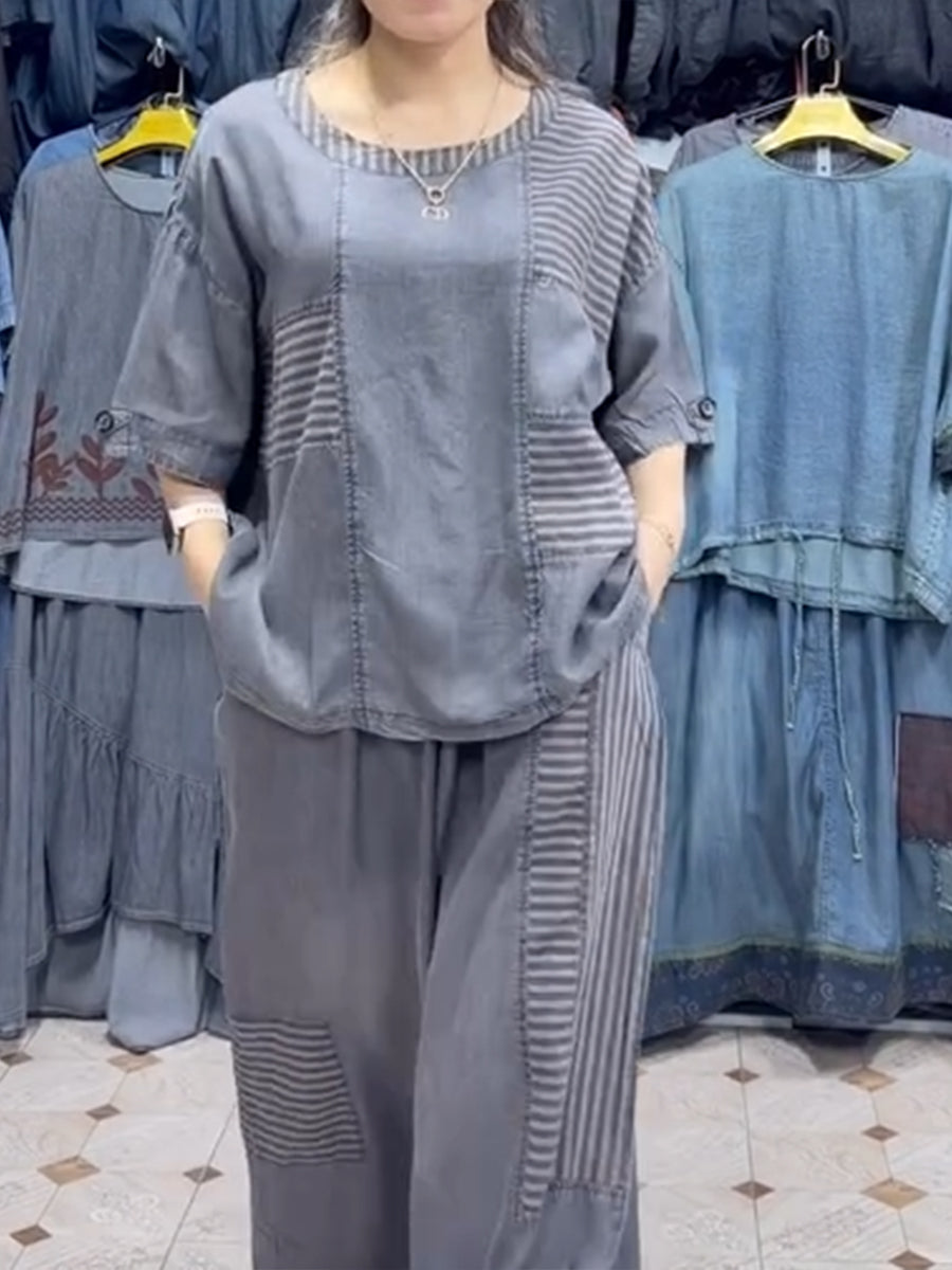 Women's Linen Two Piece Set Wide Leg Trousers and Short Sleeve Top