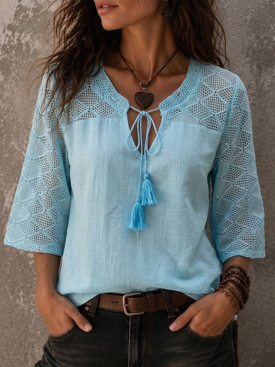 Dámská lněná halenka Boho s výstřihem do V, 3/4 rukávy, volný střih tuniky
