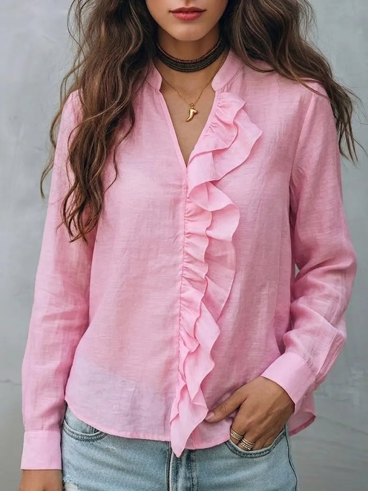 Women's Linen Ruffle Blouse Long Sleeve V-Neck Shirt