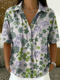 Women's Linen Floral Print Short Sleeve Shirt Blouse