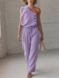 Women's Linen Two Piece Set One Shoulder Top and Wide Leg Trousers