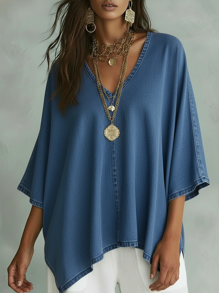 Women's V-Neck Chambray Denim Loose Fit Shirt