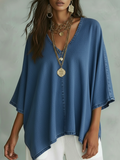 Women's V-Neck Chambray Denim Loose Fit Shirt