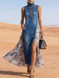 Women's Denim Floral Print Linen Sleeveless High Neck Maxi Dress