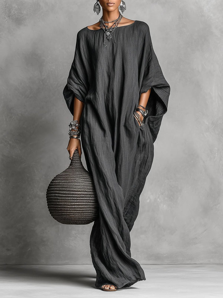 Women's Linen Maxi Kaftan Dress Bohemian Oversized Batwing Sleeve Long Gown