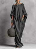Women's Linen Maxi Kaftan Dress Bohemian Oversized Batwing Sleeve Long Gown