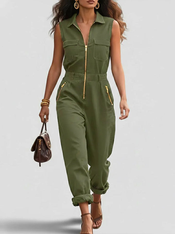 Women's Denim Sleeveless Jumpsuit One-Piece Romper with Zip Front
