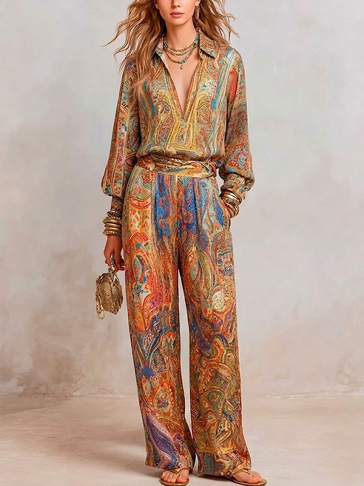 Women's Paisley Print Satin Wide Leg Trouser and Blouse Set