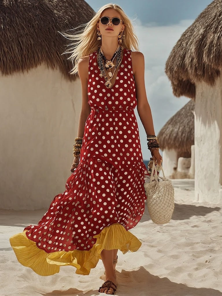 Women's Linen Polka Dot Maxi Dress Sleeveless Tiered Sun Dress