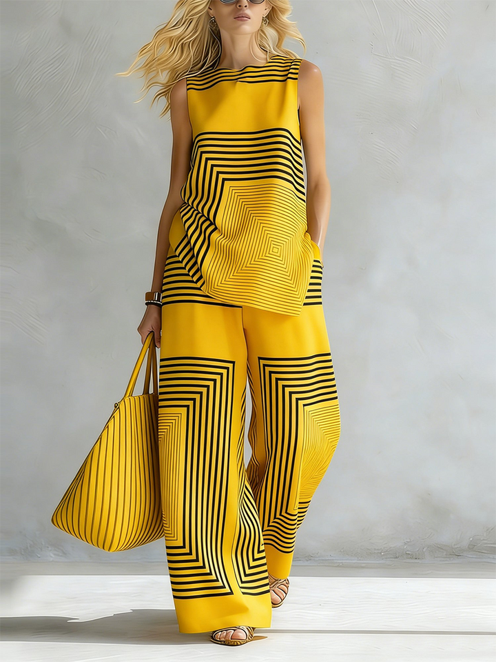 Women's Linen Geometric Print Sleeveless Top and Wide Leg Trousers Set