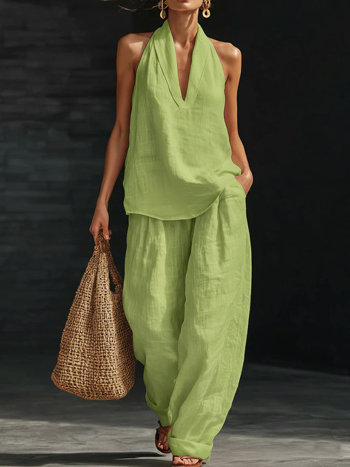 Women's Linen Halter Neck Top and Wide Leg Trousers Two Piece Set