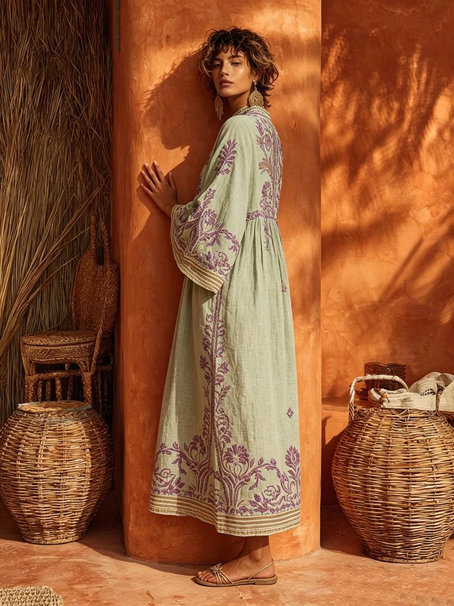 Women's Linen Embroidered Kaftan Dress Maxi Tunic