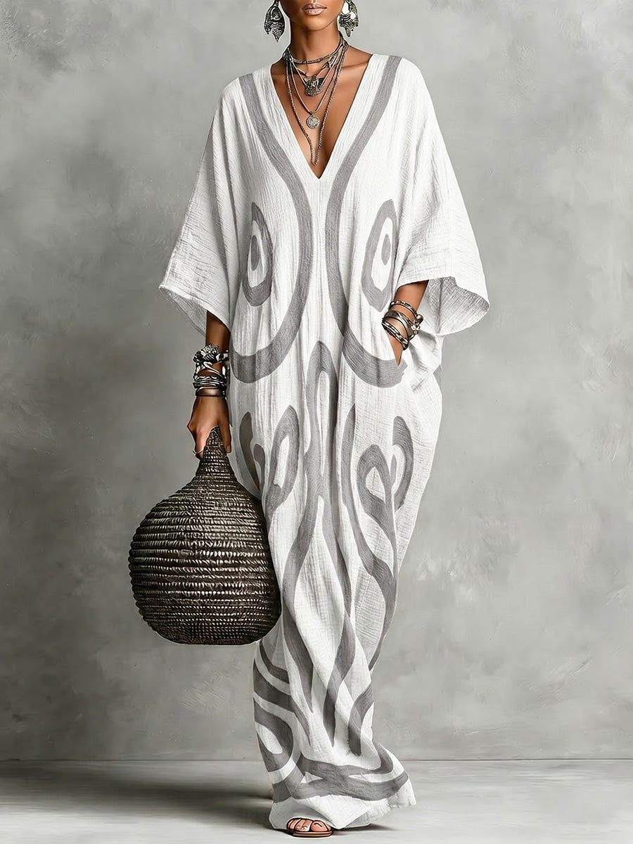 Women's Linen Kaftan V-Neck Maxi Dress
