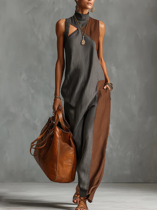 Women's Linen Sleeveless High Neck Cutout Maxi Dress
