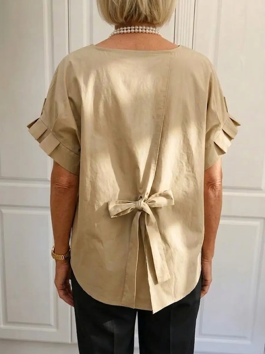 Women Blouse Linen Tie Back Short Sleeve Top