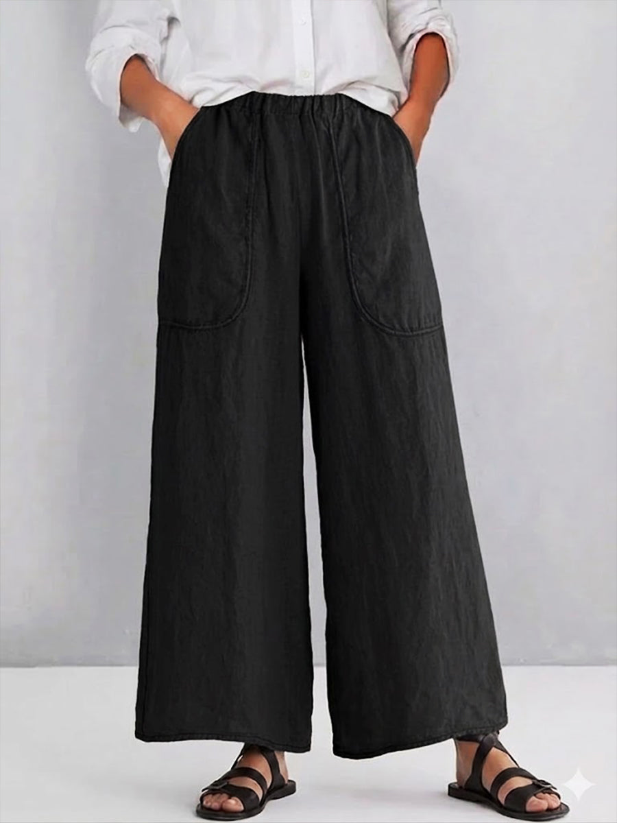 Women's Wide Leg Linen Blend Elastic-Waist Trousers