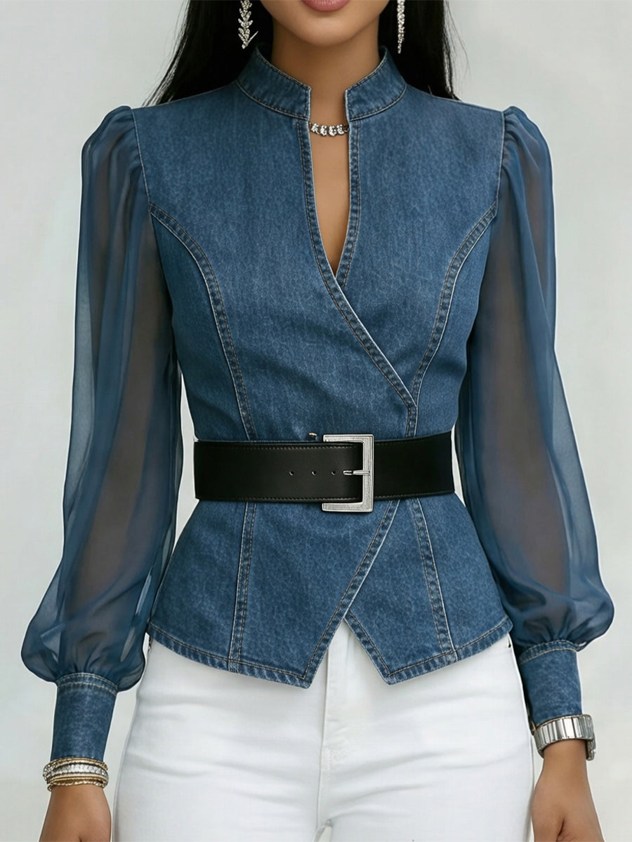 Women Denim Mesh Lantern Sleeve Belted Top