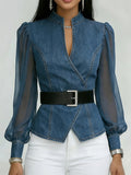 Women Denim Mesh Lantern Sleeve Belted Top