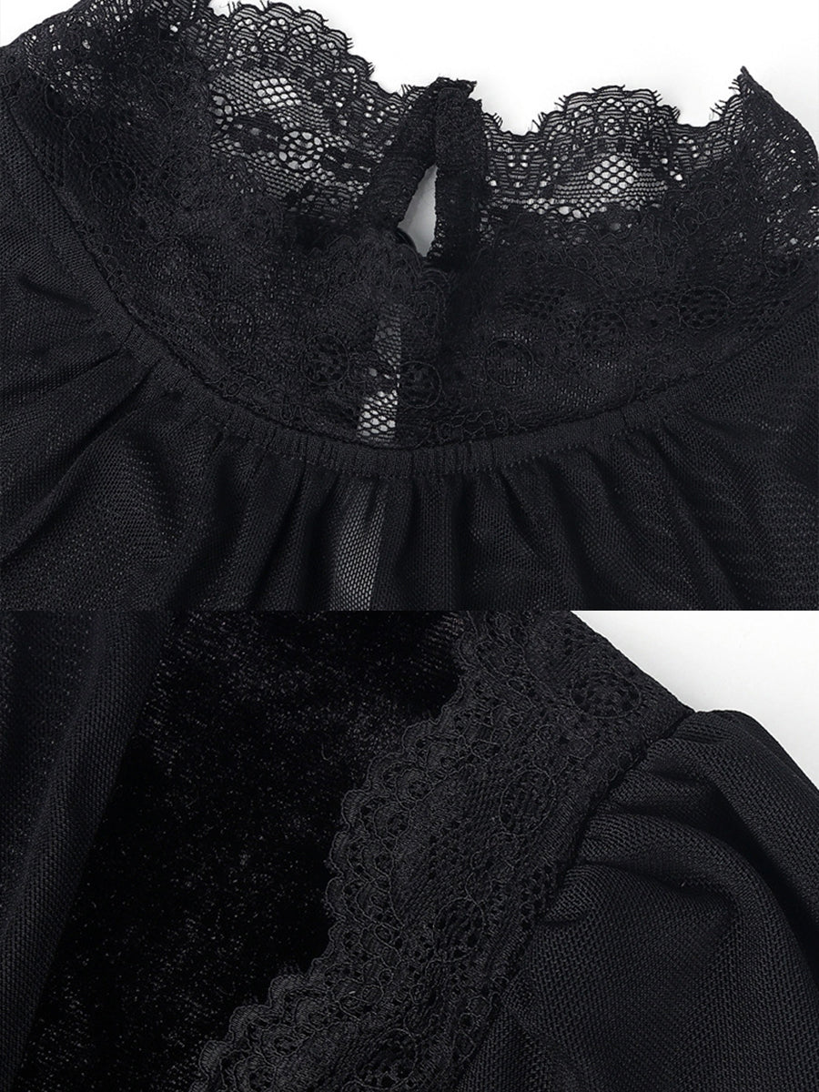 Blouse pour femme en velours et mesh à col haut et manches longues