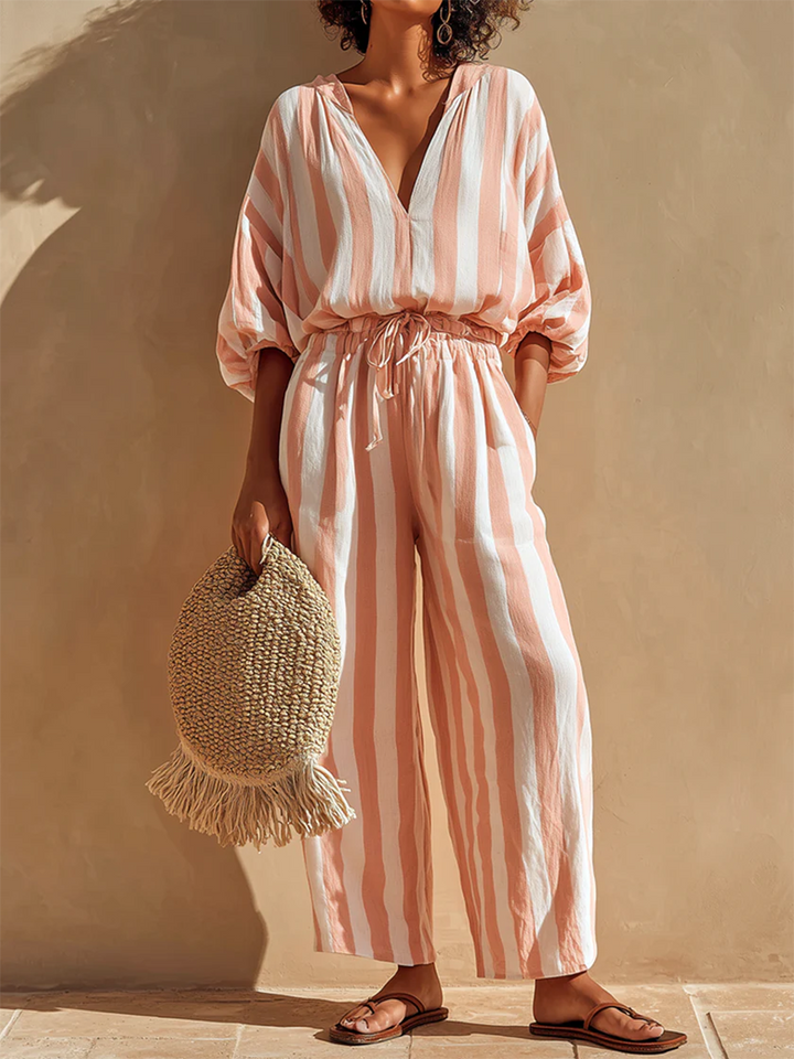Women's Linen Two-Piece Set V-Neck Top and Striped Trousers Co-ord