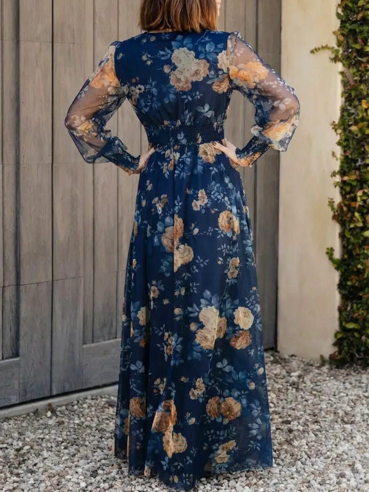 Women's Chiffon Floral Long Sleeve V-Neck Maxi Dress