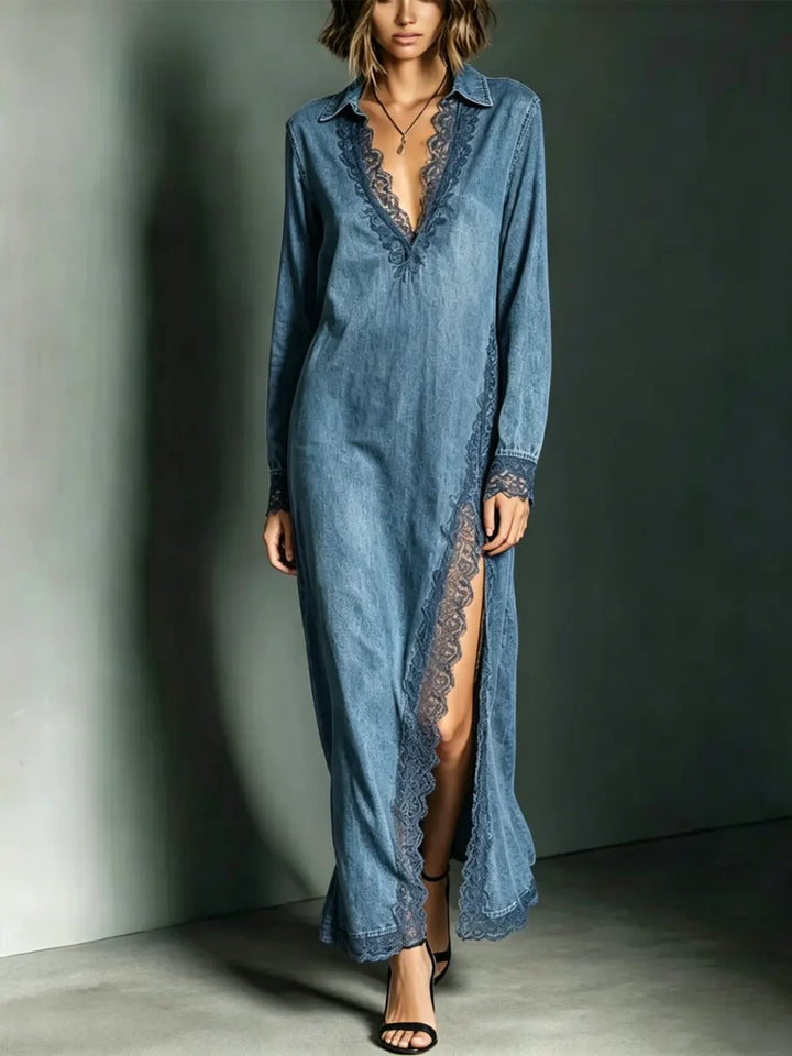 Women's Denim Long Sleeve Linen Blend Maxi Shirt Dress