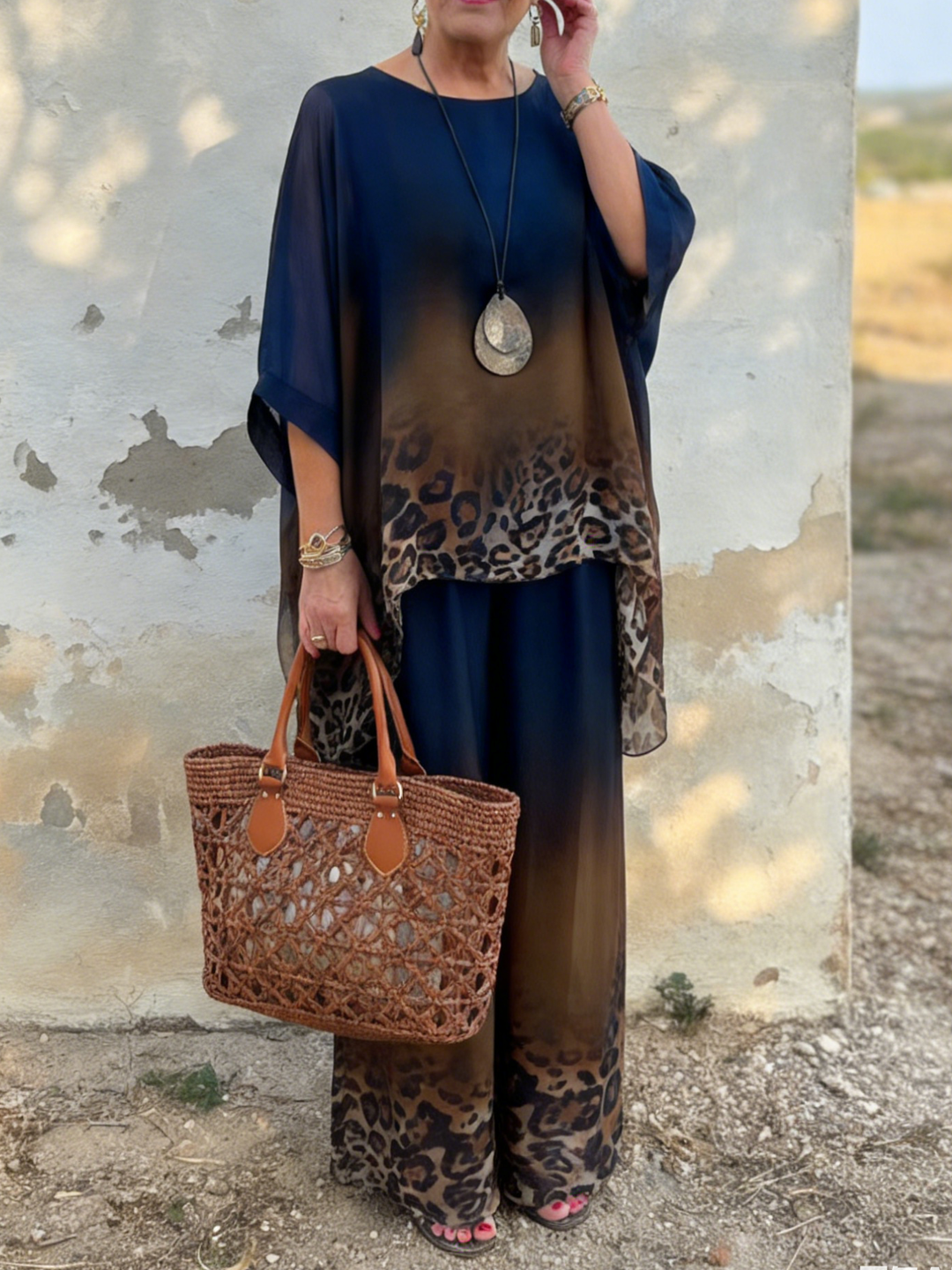 Women's Chiffon Tunic and Wide Leg Trousers Two Piece Set