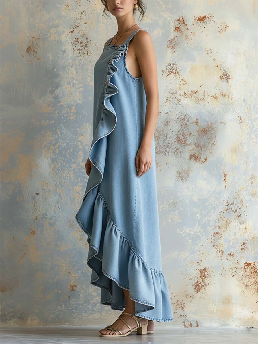 Women's Sleeveless Square-Neck Denim Maxi Dress