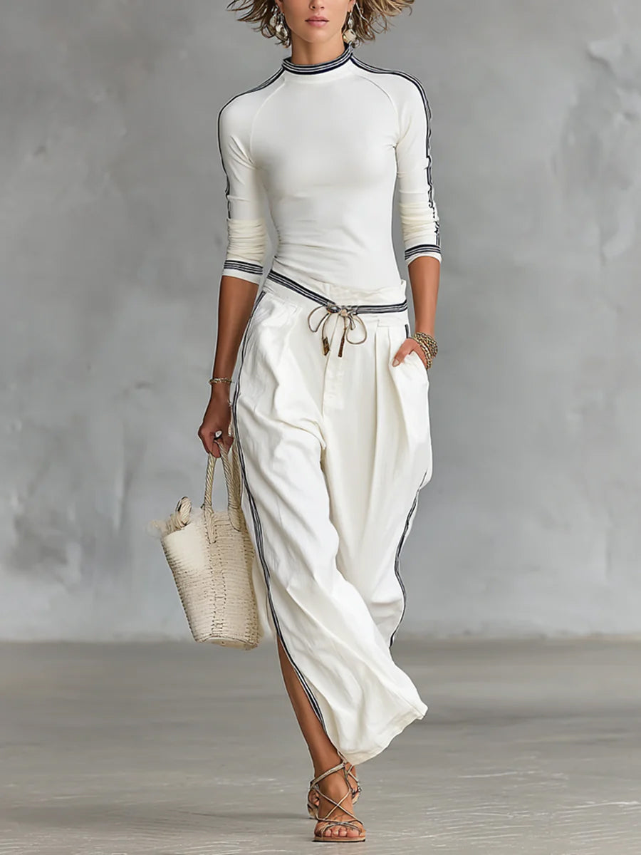 Women's Two-Piece Crewneck Top and Wide-Leg Pants Set
