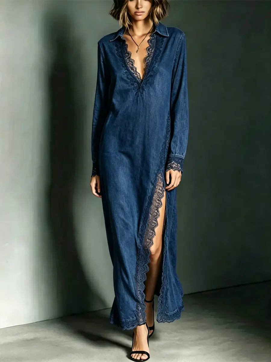Women's Denim Long Sleeve Linen Blend Maxi Shirt Dress
