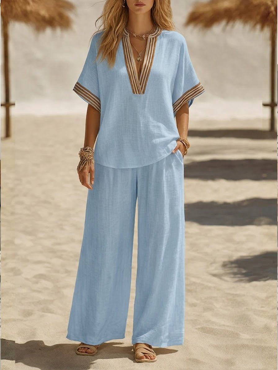 Women's Linen Two Piece Set Wide Leg Trousers and V Neck Top Co-ord