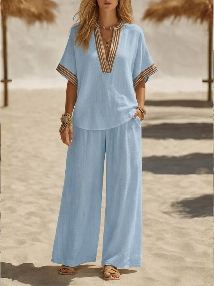 Women's Linen Two Piece Set Wide Leg Trousers and V Neck Top Co-ord