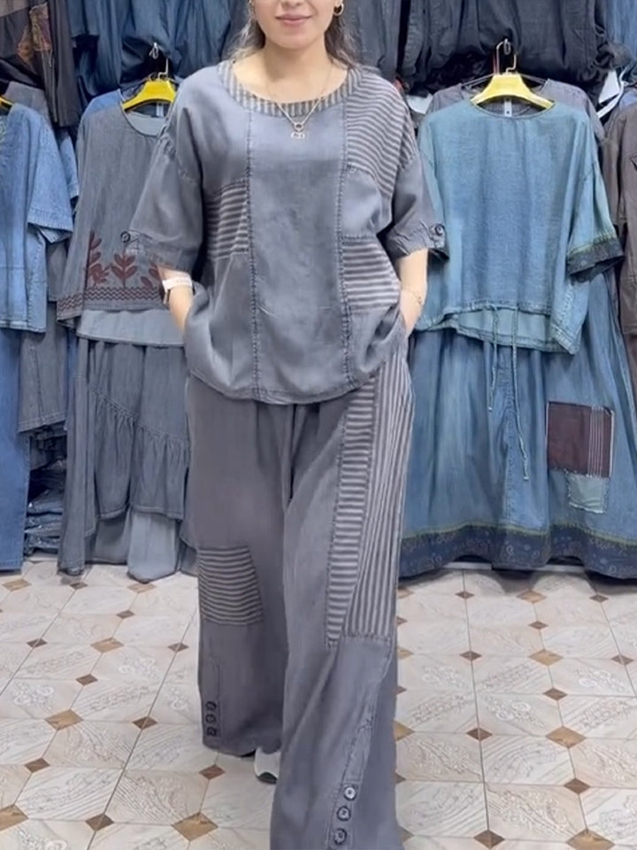 Women's Linen Two Piece Set Wide Leg Trousers and Short Sleeve Top