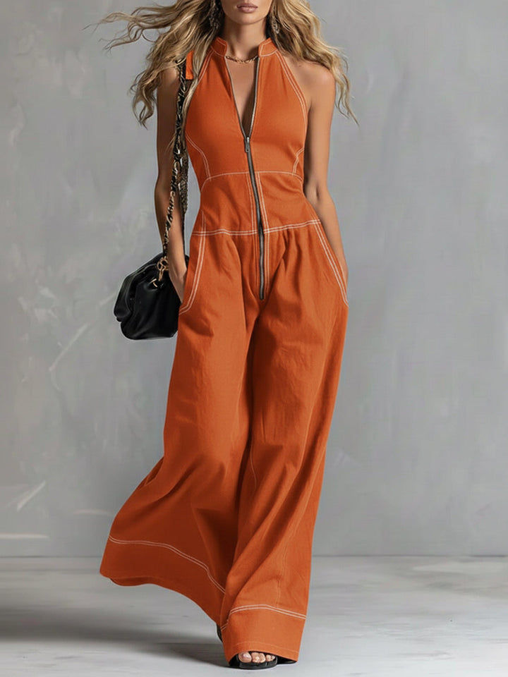 Women's Denim Jumpsuit Sleeveless V-Neck Wide Leg Jean Romper One-Overalls