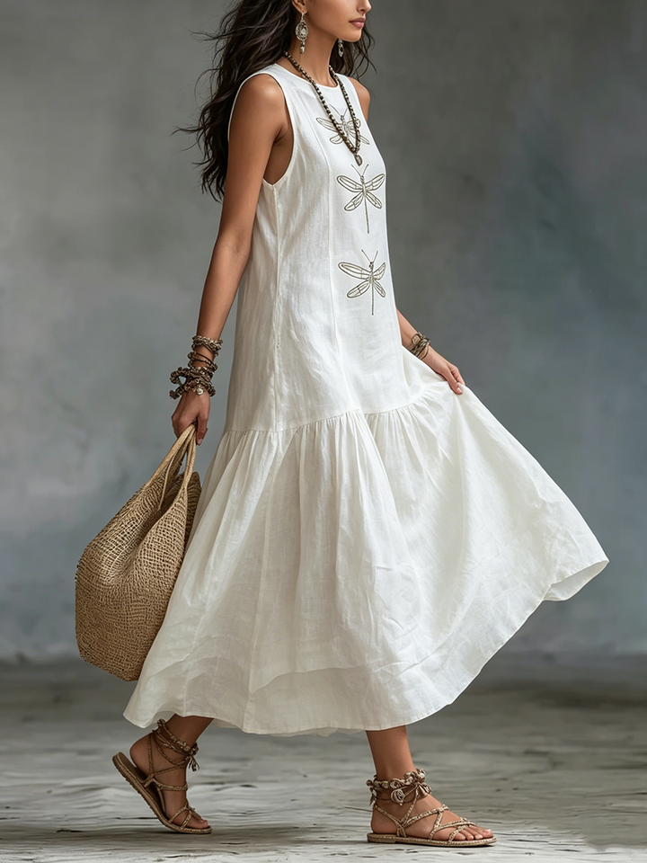 Women's Crew Neck Sleeveless Dragonfly Print Boho Linen Maxi Sundress