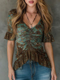 Women's Knit Blend V-Neck Short Sleeve Ruffle Blouse