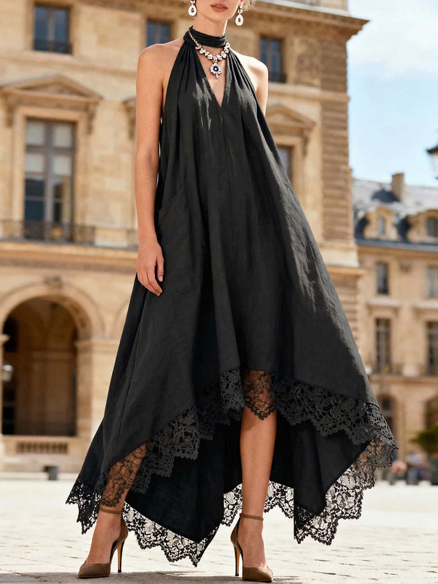 Women's Linen Halter Neck High Low Hem Evening Maxi Dress