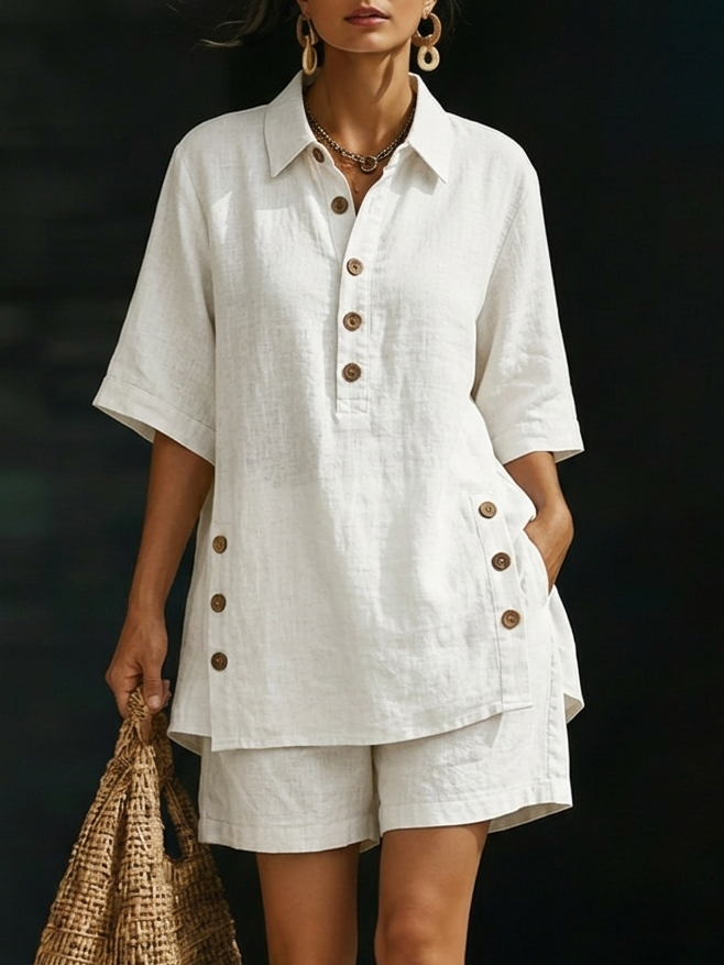 Women's Linen Two Piece Shorts Set Casual Lounge Wear Outfit