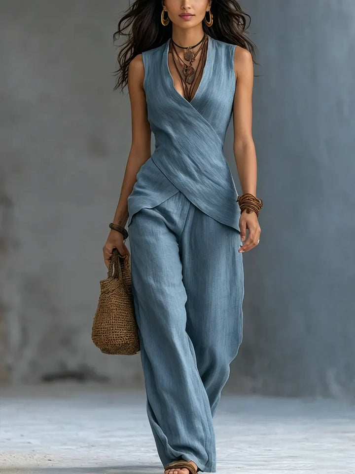 Women's Linen V-Neck Sleeveless Two-Piece Set Wide Leg Trousers Outfits