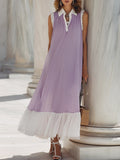 Women's Linen Blend Sleeveless V-Neck Pleated Hem Maxi Dress
