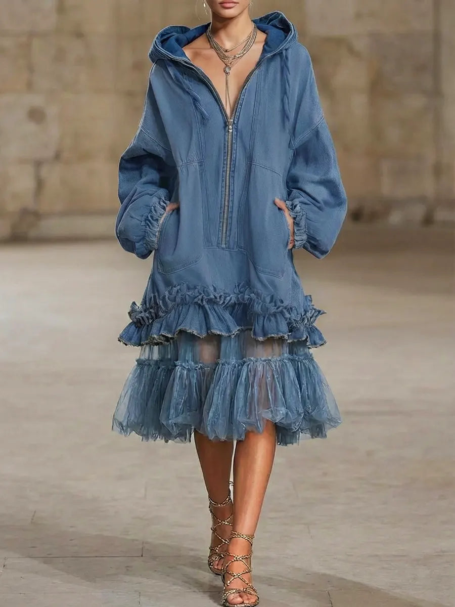 Women's Fleece Hoodie Dress Oversized Tulle Hem Long Sleeve Pullover