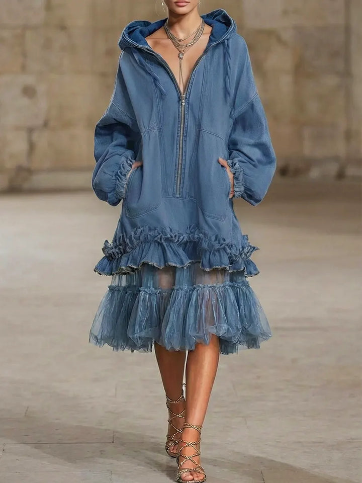 Women's Fleece Hoodie Dress Oversized Tulle Hem Long Sleeve Pullover
