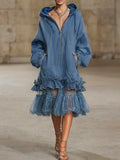 Women's Fleece Hoodie Dress Oversized Tulle Hem Long Sleeve Pullover