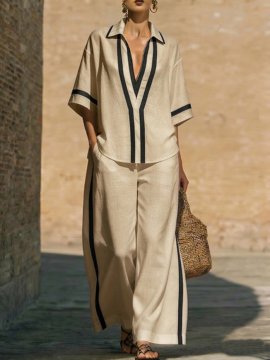 Women's Linen Two Piece Lounge Set Wide Leg Trousers V-Neck Shirt Top