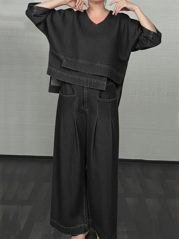 Women's Linen V-Neck Top and Wide Leg Trouser Set